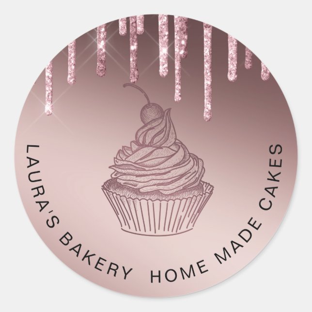 Rose Gold Drips Cakes & Sweets Cupcake Home Bakery Classic Round Sticker (Front)