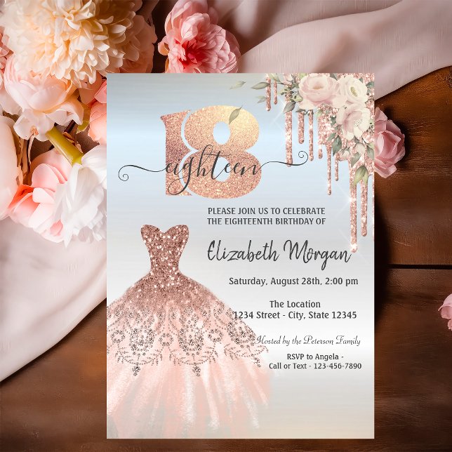 Rose Gold Drips Dress Flower Silver 18th Birthday  Invitation (Creator Uploaded)