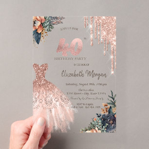 Rose Gold Drips Dress Moody Flowers 40th Birthday Acrylic Invitations