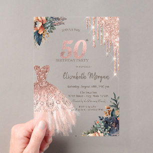 Rose Gold Drips Dress Moody Flowers 50th Birthday Acrylic Invitations