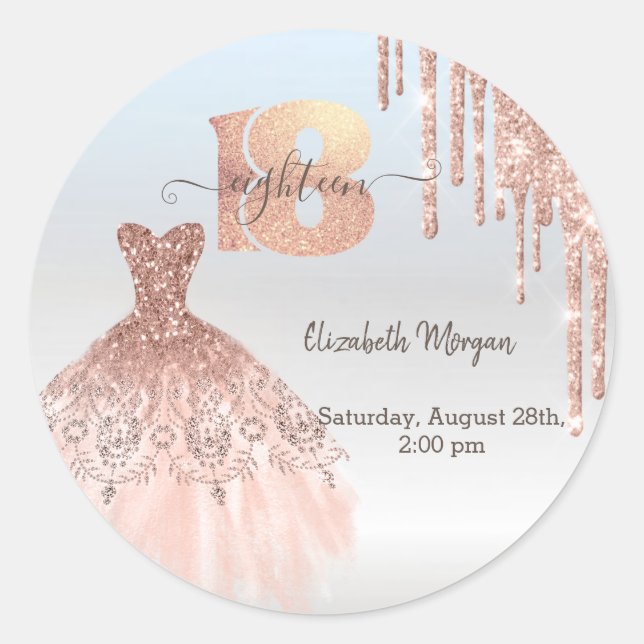 Rose Gold  Drips Dress Silver 18th Birthday  Classic Round Sticker (Front)