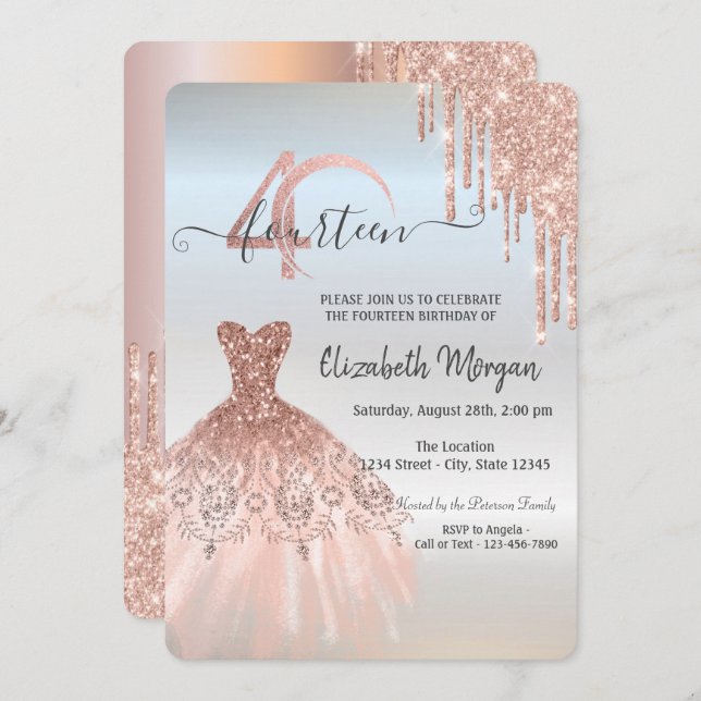 Rose Gold  Drips Dress Silver 40th Birthday   Invitation (Front/Back)