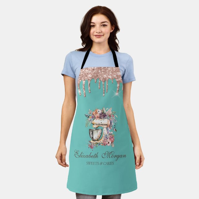 Rose Gold Drips Floral Mixer Mint Green Apron (Worn)