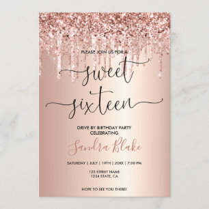 Rose Gold Drips Girly Modern Drive by Sweet 16 Invitation