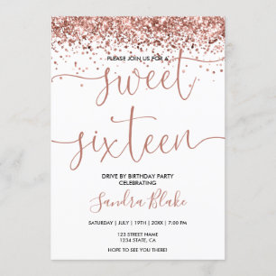 Rose Gold Drips Girly Modern Drive by Sweet 16 Invitation
