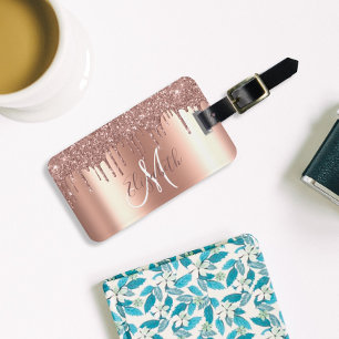 Rose Gold Drips Glitter Metal Monogram Luggage Tag