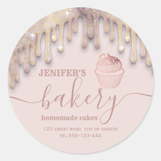 Rose gold drips Homemade cupcakes and sweets Classic Round Sticker (Front)