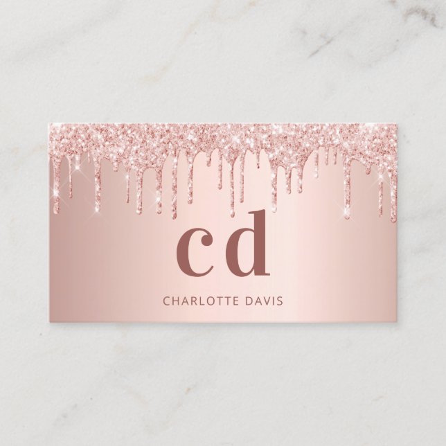 Rose gold drips monogram initials business card (Front)