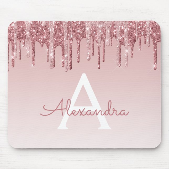 Rose Gold Drips Pink Glitter Monogram Mousepad (Front)