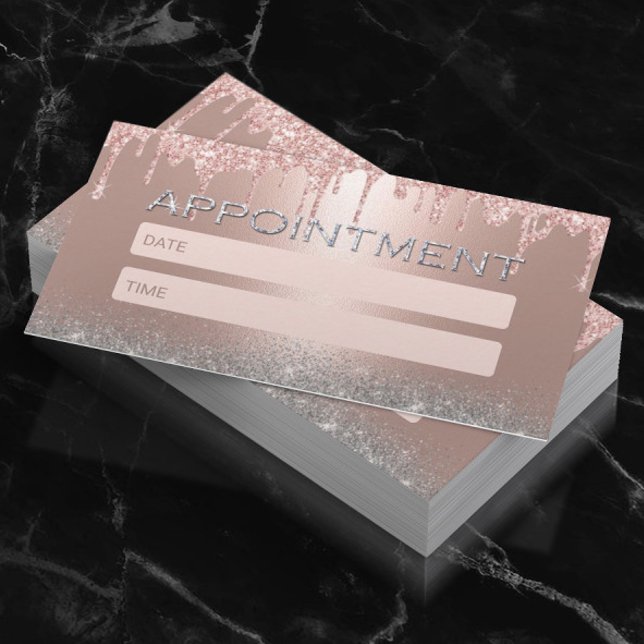 Rose Gold Drips Silver Glitter Salon Appointment Card (Creator Uploaded)