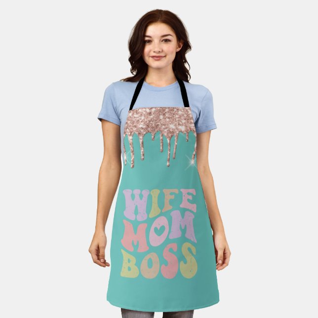 Rose Gold Drips Wife Mom Boss Mint Green Apron (Worn)