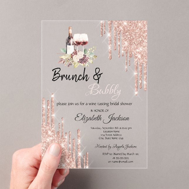 Rose Gold  Drips Wine Grapes Bridal Shower Acrylic Invitations (Insitu (Handheld))