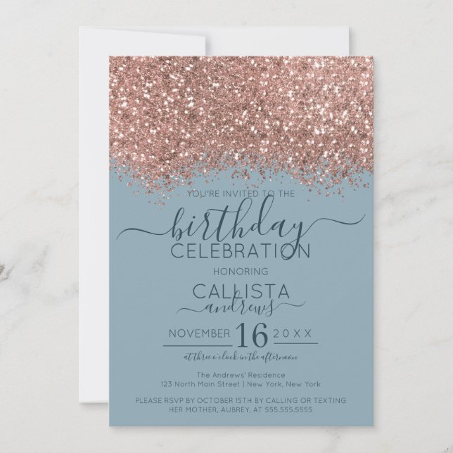 Rose Gold Dusty Blue Glitter Confetti Birthday Invitation (Front)