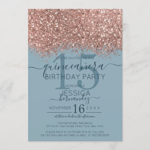 Rose Gold Dusty Blue Glitter Confetti Quinceañera Invitation