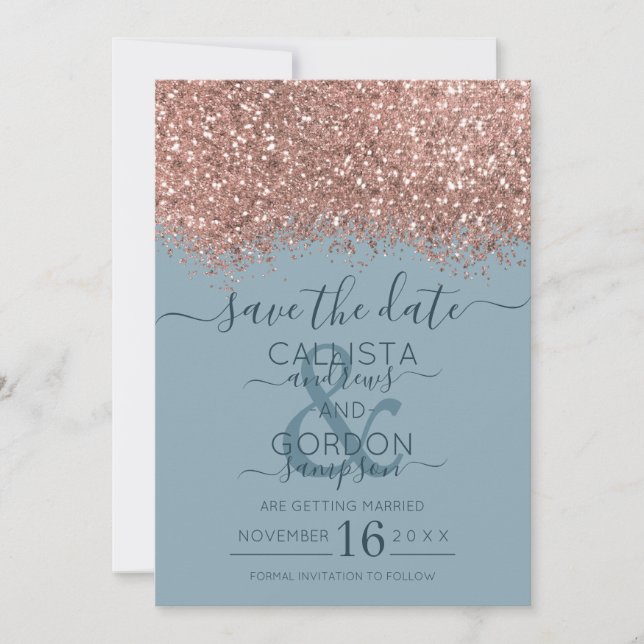 Rose Gold Dusty Blue Glitter Confetti Wedding Save The Date (Front)