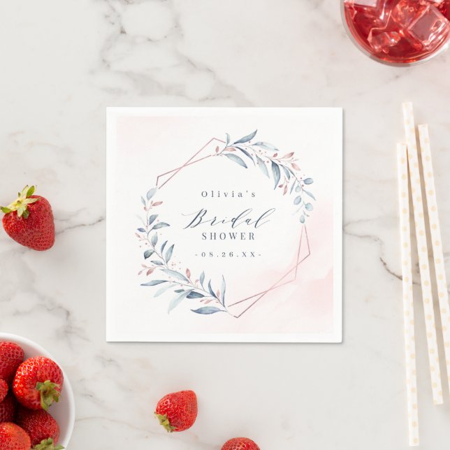 Rose Gold Dusty Blue Greenery Bridal Shower Napkin (Insitu)