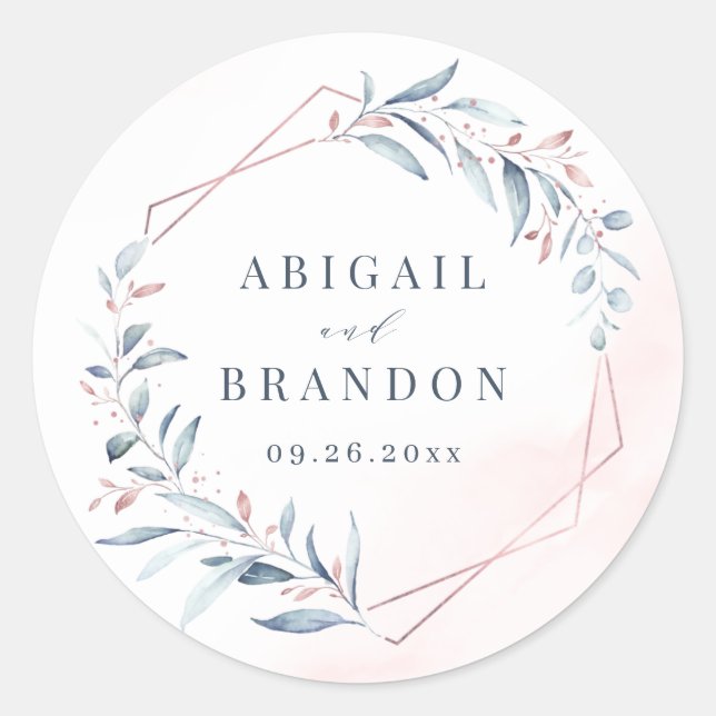 Rose Gold Dusty Blue Greenery Geometric Wedding Classic Round Sticker (Front)