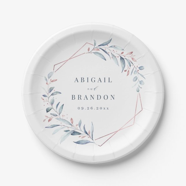 Rose Gold Dusty Blue Greenery Geometric Wedding Paper Plate (Front)