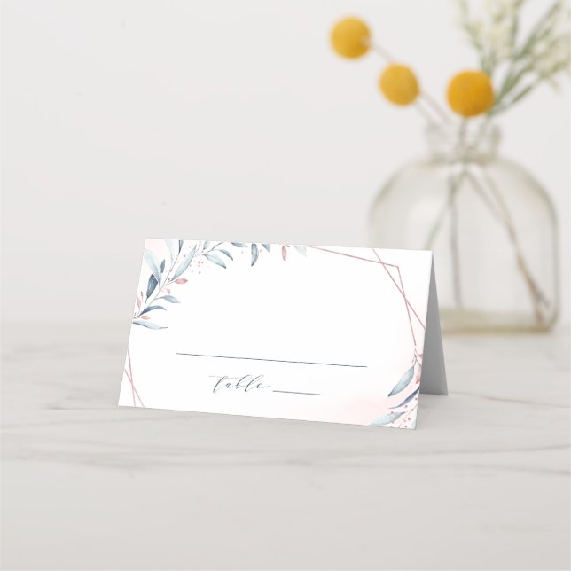 Rose Gold Dusty Blue Greenery Geometric Wedding Place Card (Front)