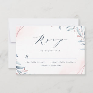 Rose Gold Dusty Blue Greenery Geometric Wedding RSVP Card