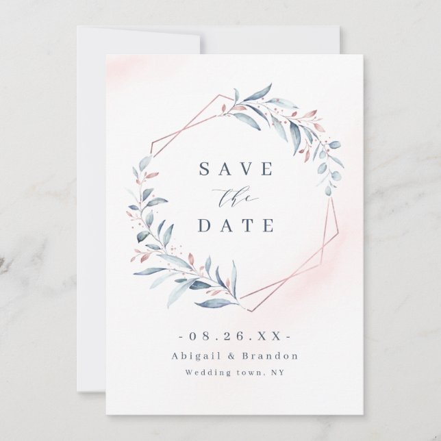 Rose Gold Dusty Blue Greenery Geometric Wedding Sa Save The Date (Front)