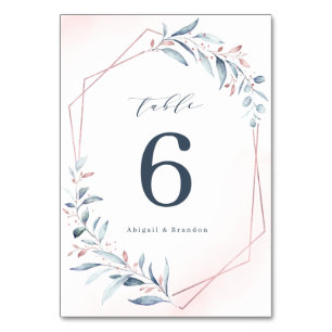 Rose Gold Dusty Blue Greenery Geometric Wedding Table Number