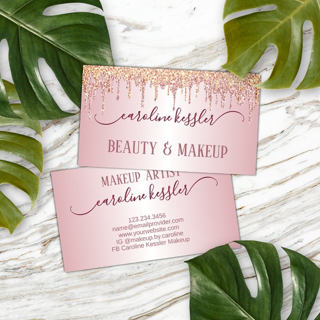 Rose Gold Dusty Blush Pink Glitter Sparkles Drip Business Card (Creator Uploaded)