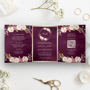 Rose Gold Dusty Pink Floral QR Code Plum Wedding Tri-Fold Invitation