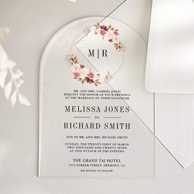 Rose Gold Dusty Pink Floral Wedding Acrylic Invitations (Creator Uploaded)