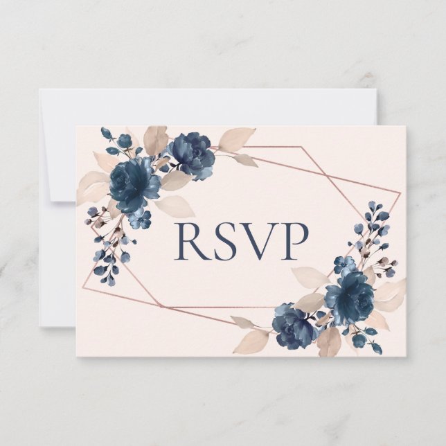 Rose Gold Dusty Pink Navy Flora Wedding RSVP (Front)