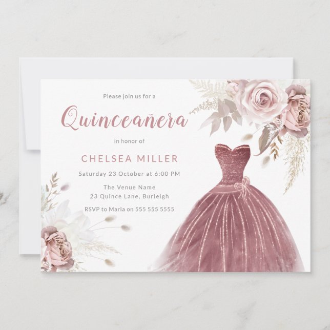 Rose Gold, Dusty Rose & Blush Quinceanera Invitation (Front)