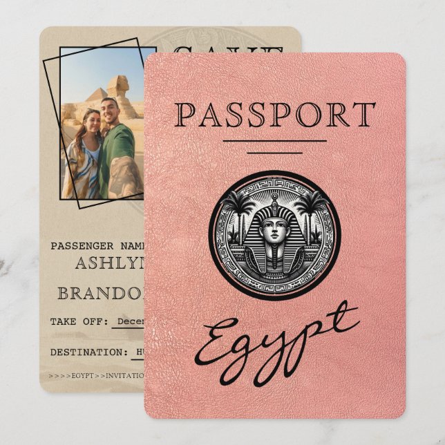 Rose Gold Egypt Passport Wedding Save the Date (Devant / Derrière)