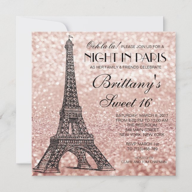 Rose Gold Eiffel Tower Paris Sweet 16 Invitation (Front)