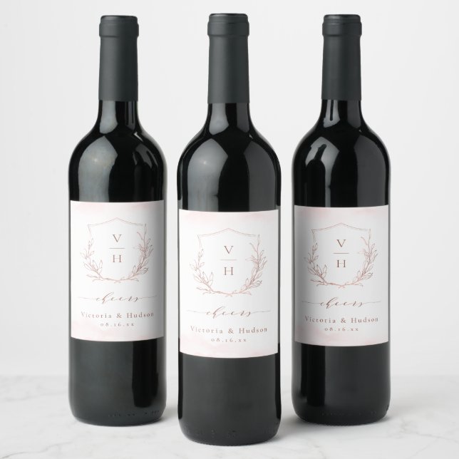 Rose gold elegant botanical crest monogram wedding wine label (Bottles)
