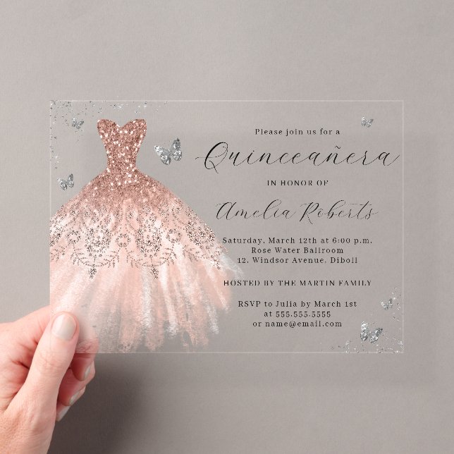 Rose Gold Elegant Butterfly Dress Quinceanera Acrylic Invitations (Insitu (Handheld))