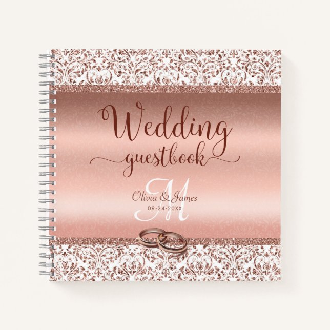 Rose Gold Elegant Damask Wedding Guest Book (Front)