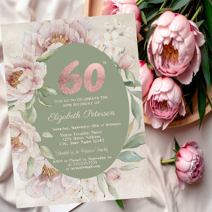 Rose Gold Elegant Flowers Green 60th Birthday Invitation