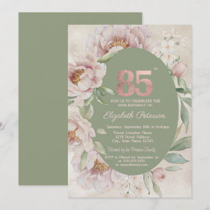 Rose Gold Elegant Flowers Green 85th Birthday  Invitation