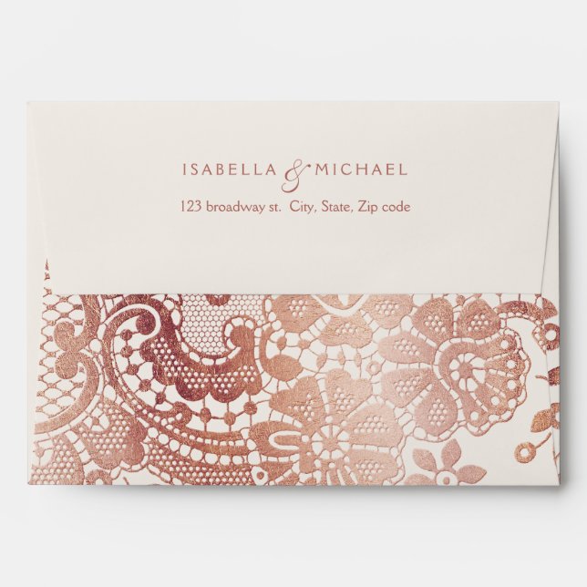 Rose gold elegant lace wedding return address envelopes (Back (Top Flap))