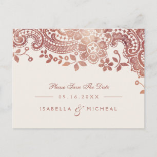 Rose gold elegant lace wedding save the date announcement postcard
