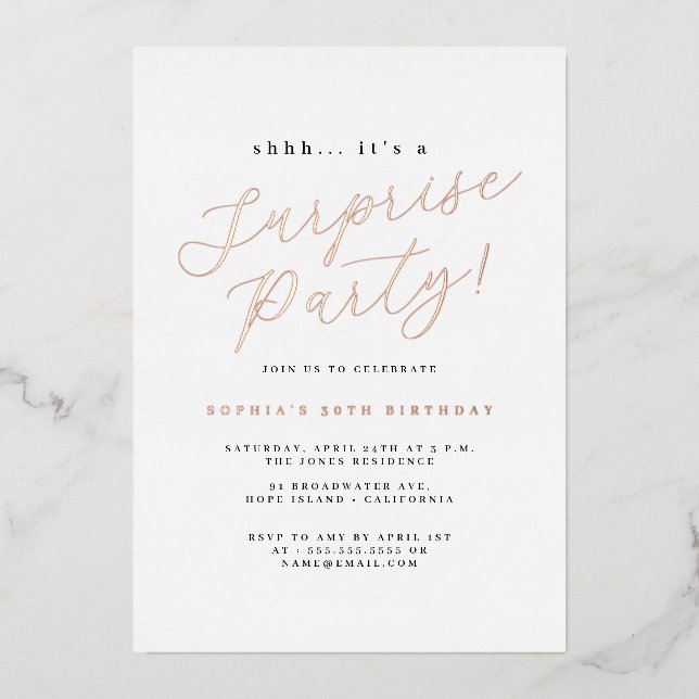 Rose Gold Elegant Script Surprise Party (Front)