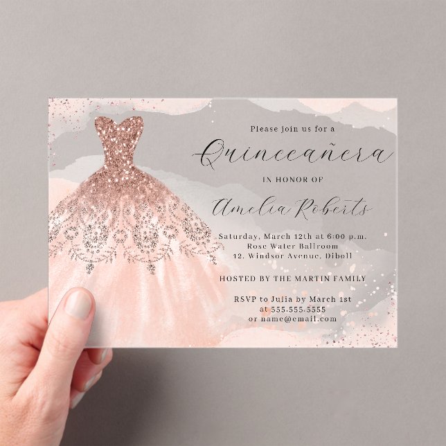 Rose Gold Elegant Sparkle Dress Quinceanera Acrylic Invitations (Insitu (Handheld))