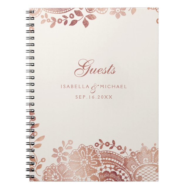 Rose gold elegant vintage lace wedding guest book (Front)