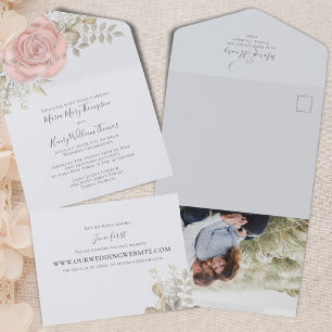Rose Gold Elegant Watercolor Floral Foliage Photo All In One Invitation