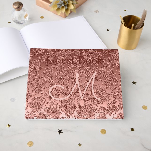 Rose Gold Elegant Wedding Reception Monogram Guest Book (Front Open)