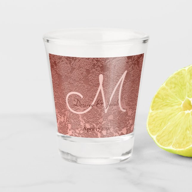 Rose Gold Elegant Wedding Reception Monogram Shot Glass (Front)