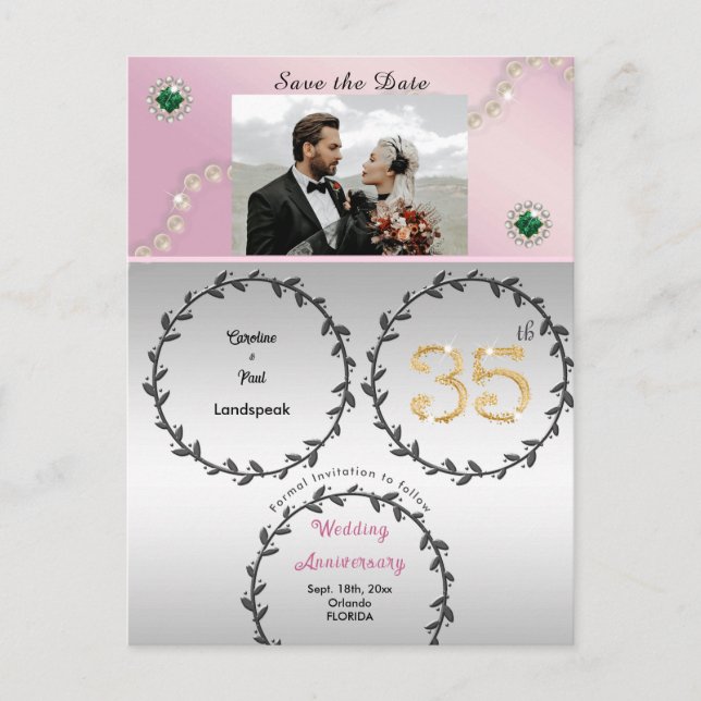 Rose Gold Emerald 35th Anniversary Save the Date Postcard (Front)
