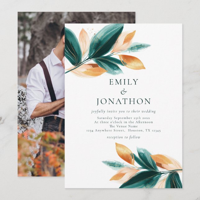 Rose Gold Emerald Leaves Script Photo Wedding Invitation (Front/Back)