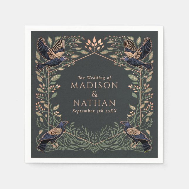 Rose Gold Enchanted Gothic Raven Floral Wedding  Napkin (Front)