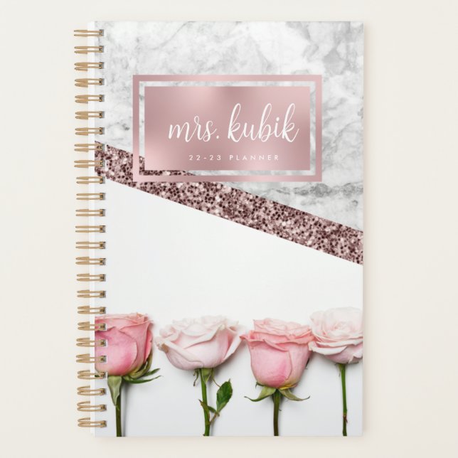 Rose Gold et rose Fleurs Enseignant Planificateur (Devant)